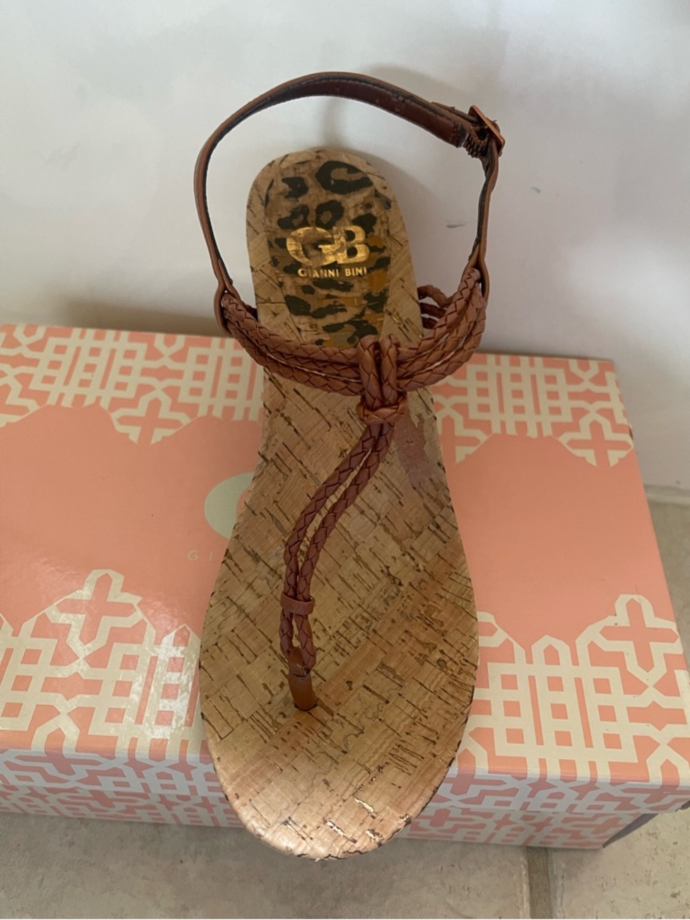 Gianni Bini Brown Braided Cork Thong Sandal with Ankle Strap